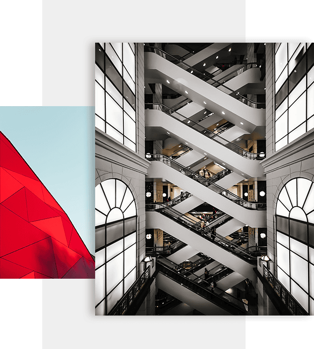 Architectural structure with red and white design.